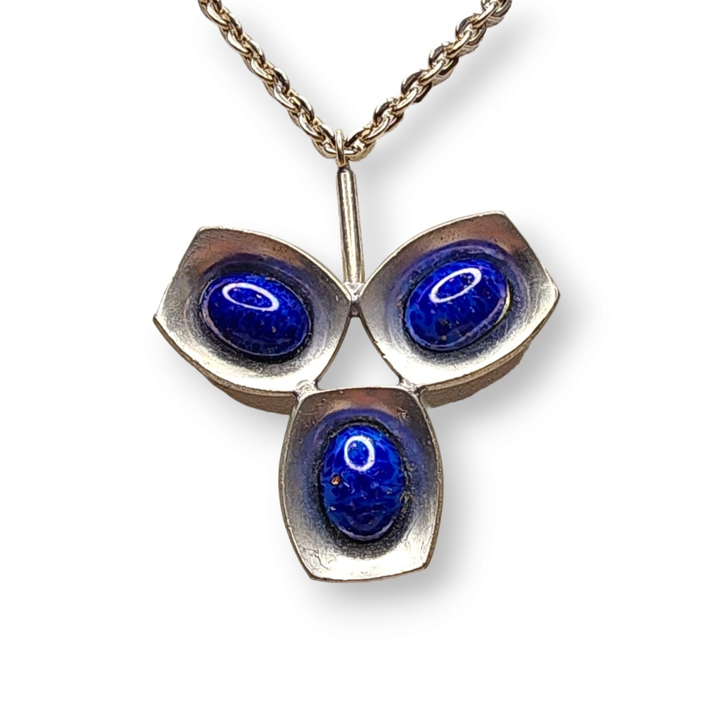 Jorgen Jensen Necklace Pewter Blue MCM Danish Modern Glass Pendant 220B
